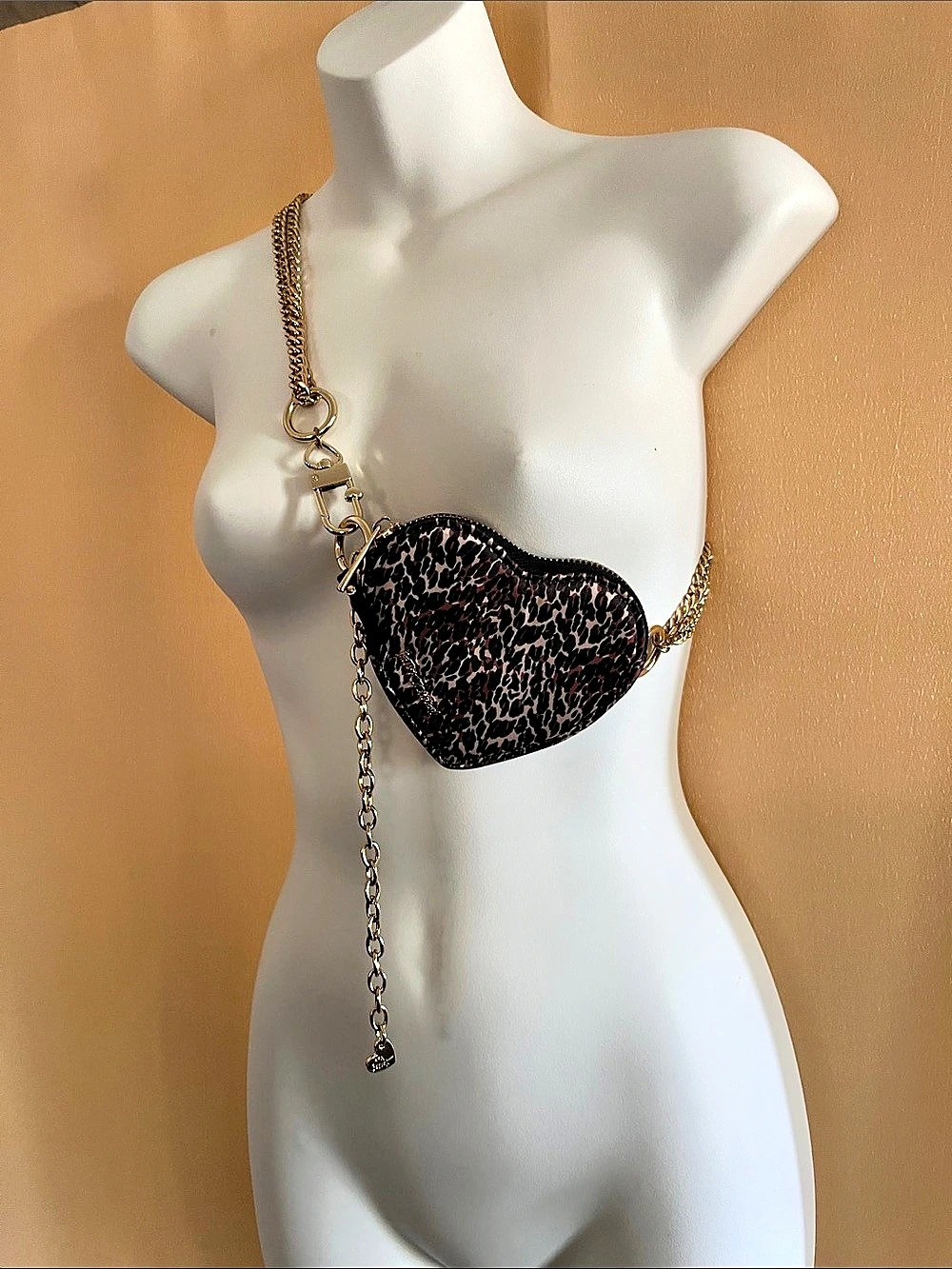 Betsey Johnson Printed Heart Chain Belt Mini Bag Brown & Black